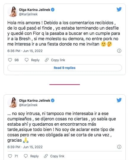 La aclaración de Karina en Twitter