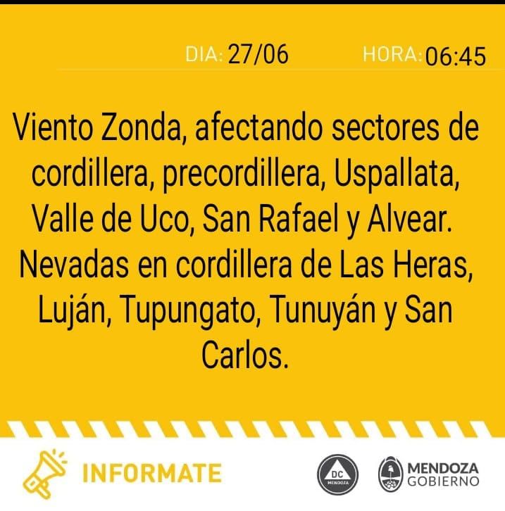 Alerta de Zonda y nevadas en Mendoza (Defensa Civil)