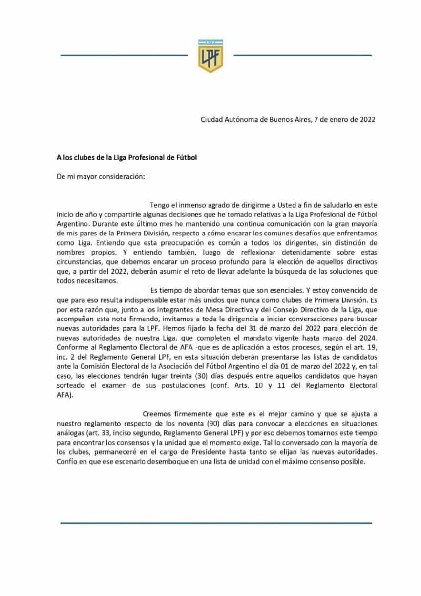 La carta de Tinelli a los clubes de la LPF.