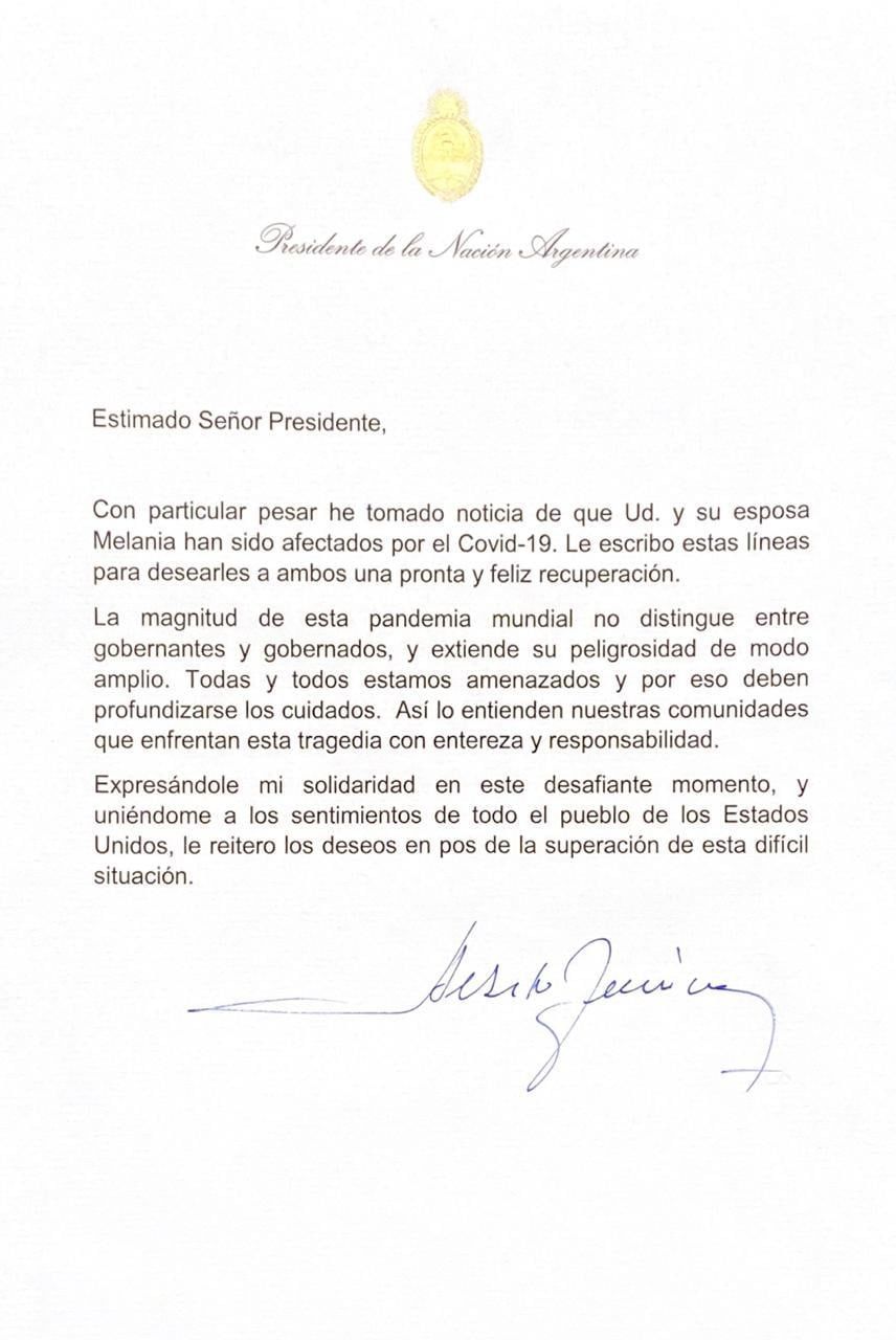 El presidente Alberto Fernández le envió una carta de Donald Trump.