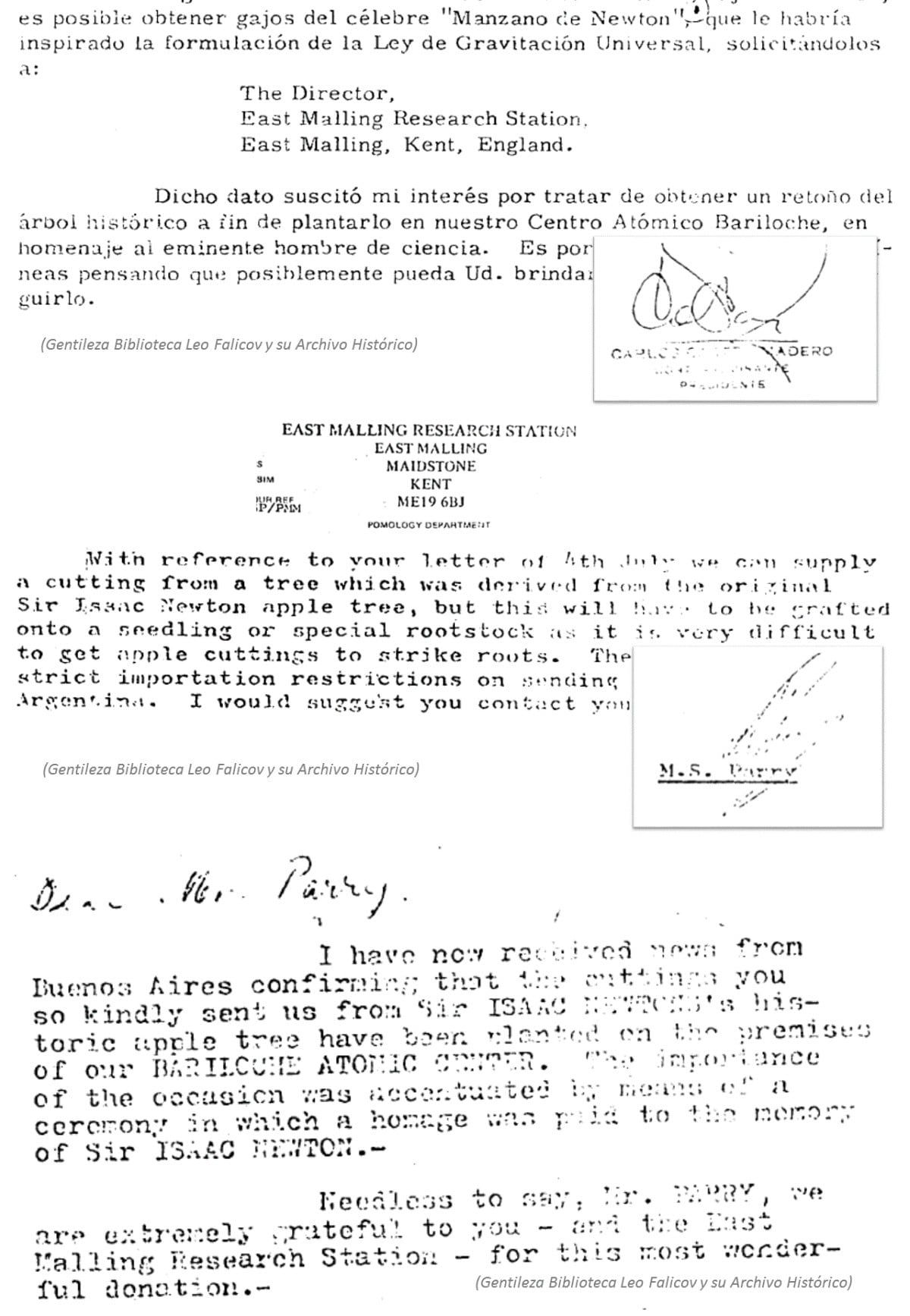 La historia del manzano de Newton que está en el Instituto Balseiro en Bariloche está en la cronología epistolar que está archivada en una biblioteca de Bariloche.