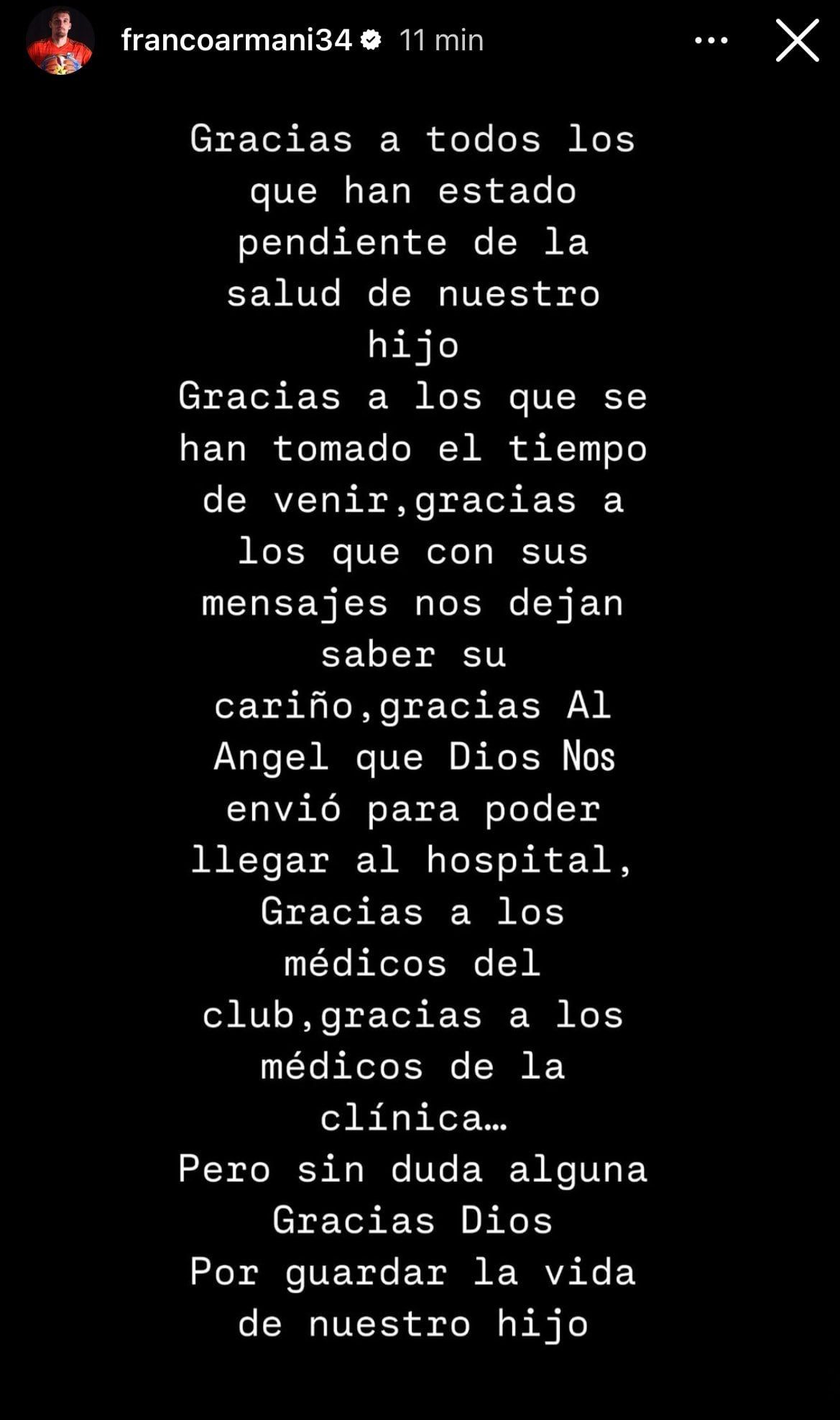Publicó un mensaje agradeciéndole a Dios por la salud de su hijo.