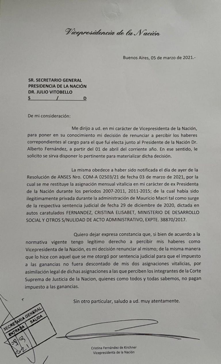 La carta de Cristina Kirchner para el secretario General de la Presidencia, Julio Vitobello