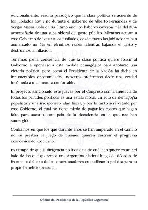 Comunicado de la Oficina del Presidente. Captura: X / @OPRArgentina