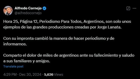 El gobernador de Mendoza se expresó en las redes sociales - X