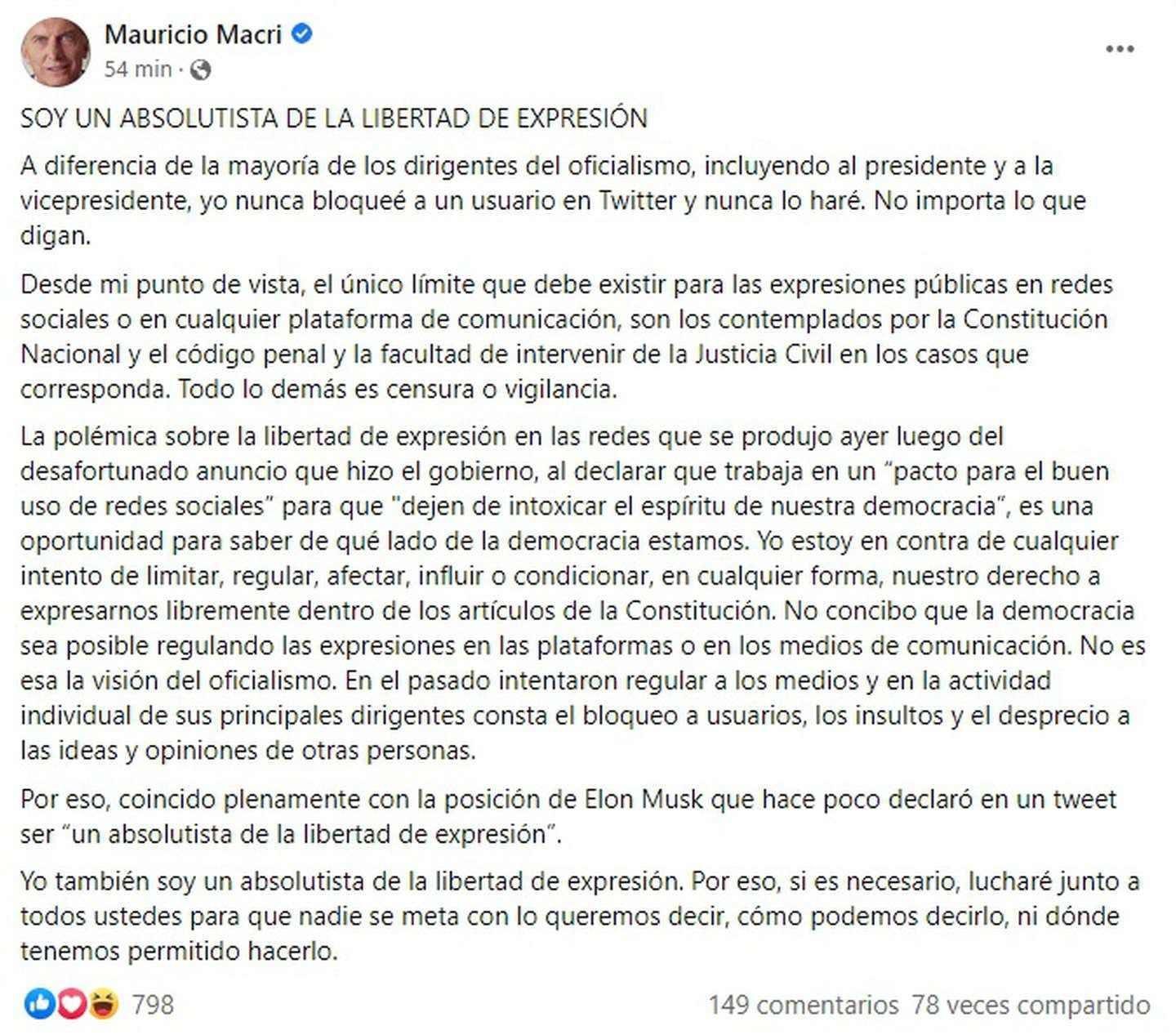 Carta de Mauricio Macri en Facebook. Allí se define como un "absolutista de la libertad de expresión".