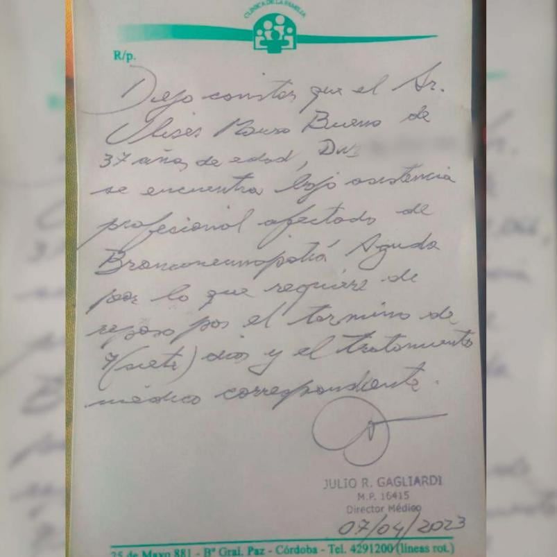 Certificado médico de Ulises. Foto: eldoce.tv