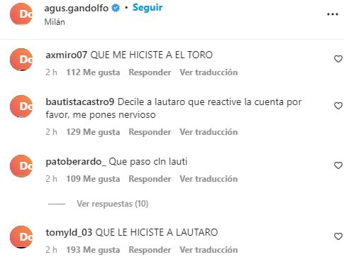 el comentario del publico en el último posteo de Gandolfo