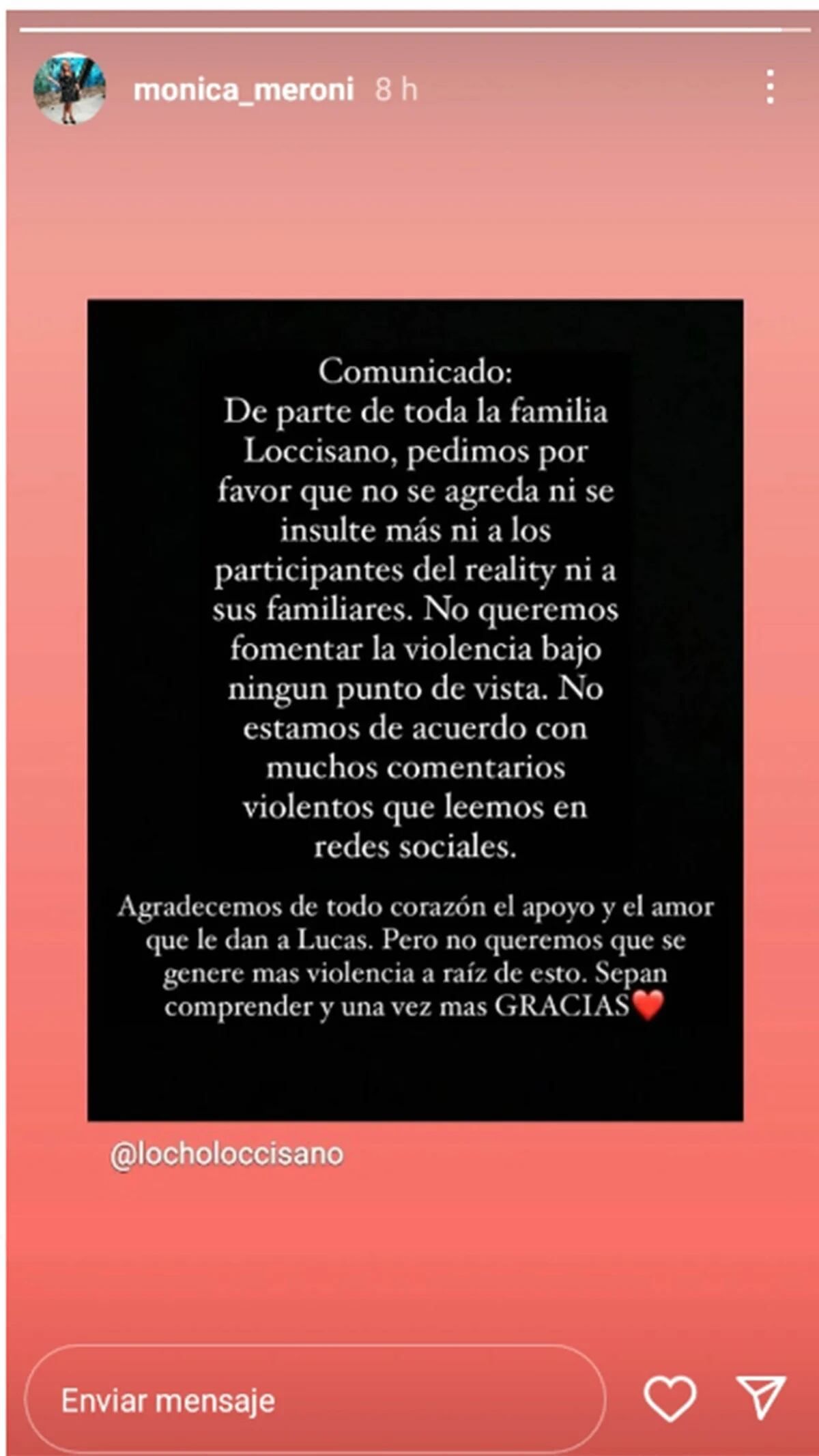 El comunicado de la mamá de Locho en Instagram