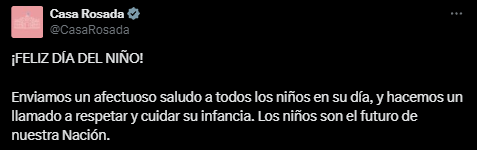 El tuit de Casa Rosada enviando un saludo a todos los niños. Foto: captura.