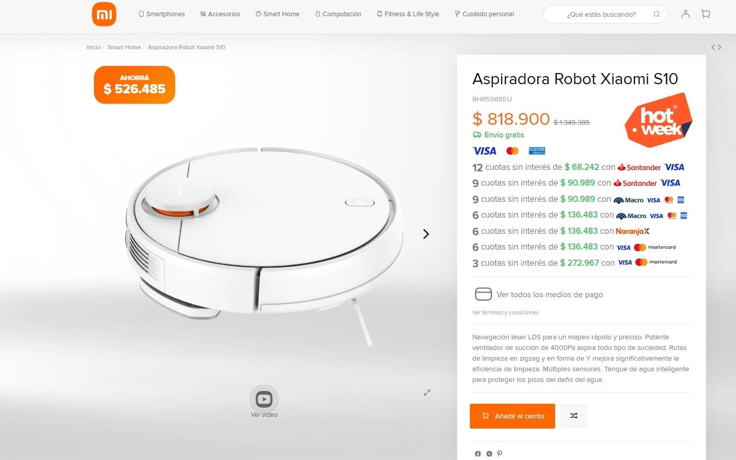 Aspiradora robot Xiaomi Vacuum S10. Captura de pantalla.