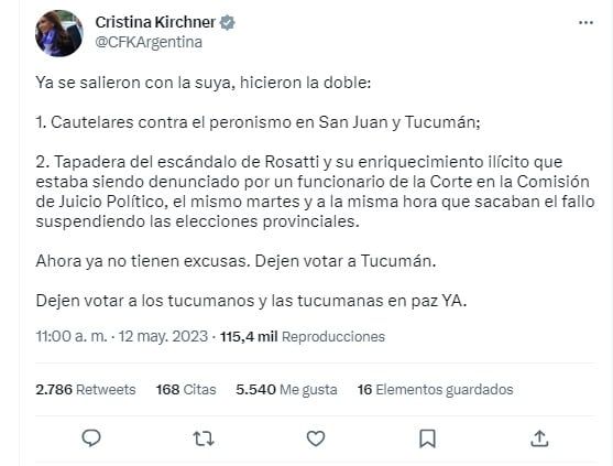 Cristina Kirchner volvió a cargar contra la Corte Suprema: "Ya se salieron con la suya" (Twitter)
