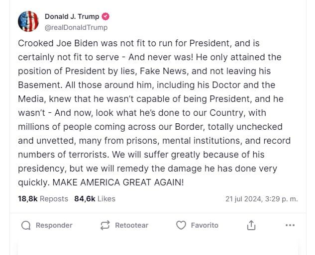 El mensaje de Donald Trump en Truth Social tras el anuncio de Biden