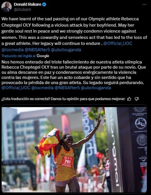 Murió Rebecca Cheptegei a los 33 años tras ser quemada por su novio.