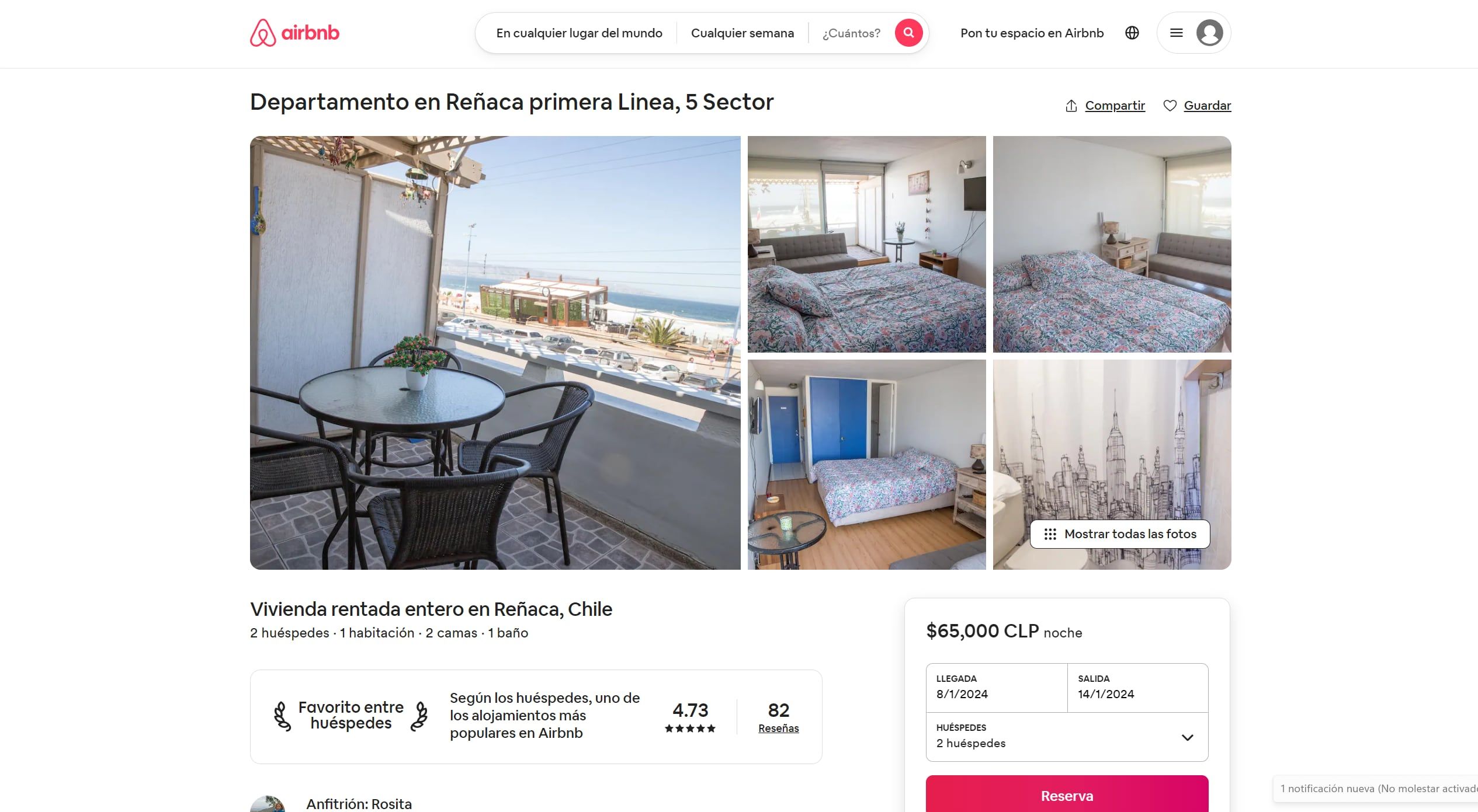 Alojamiento en Reñaca, precios en chilenos.