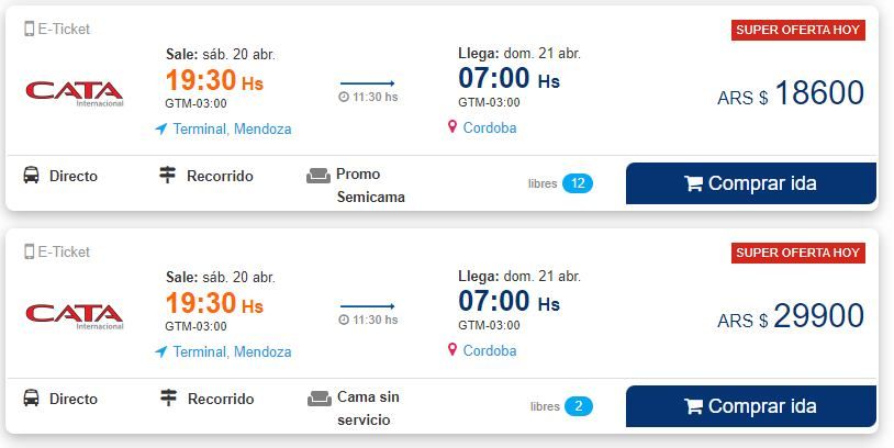 Los valores del pasaje en micro de Mendoza a Córdoba