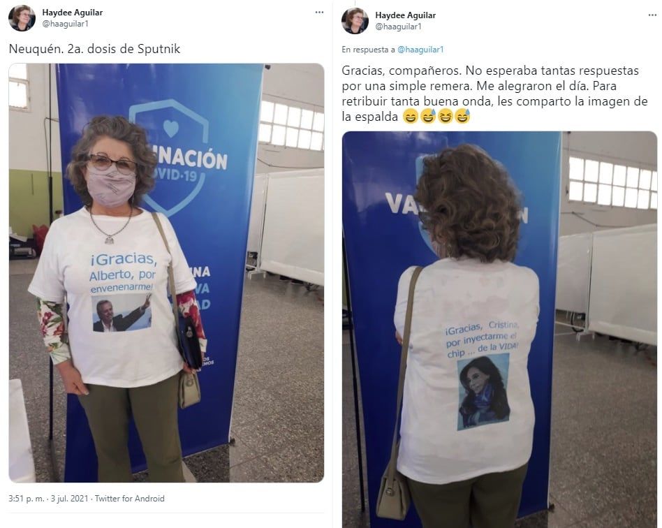 Docente jubilada se vacunó con la Sputnik V y su remera generó polémica -