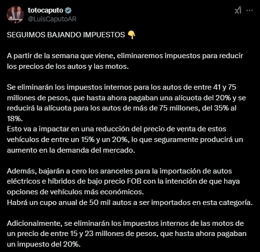 Caputo anunció la baja de impuestos en autos y motos. Foto: Captura.
