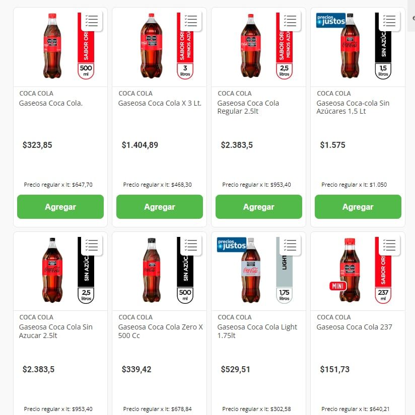 El litro de coca cola es más barato en sus presentaciones de 3L y de 500 ml.