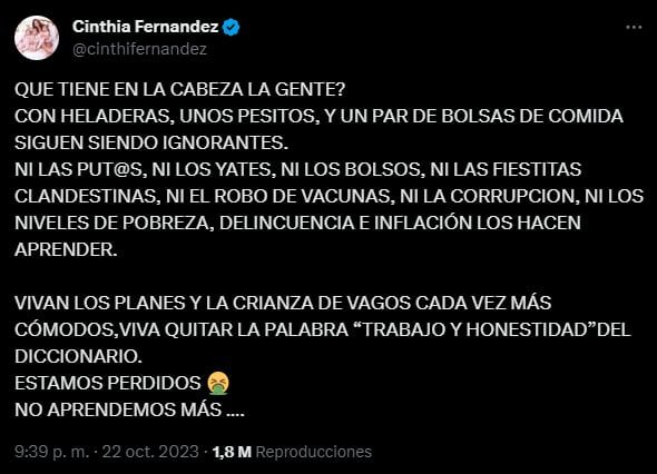 La furia de Cinthia Fernández en X. Foto: captura.