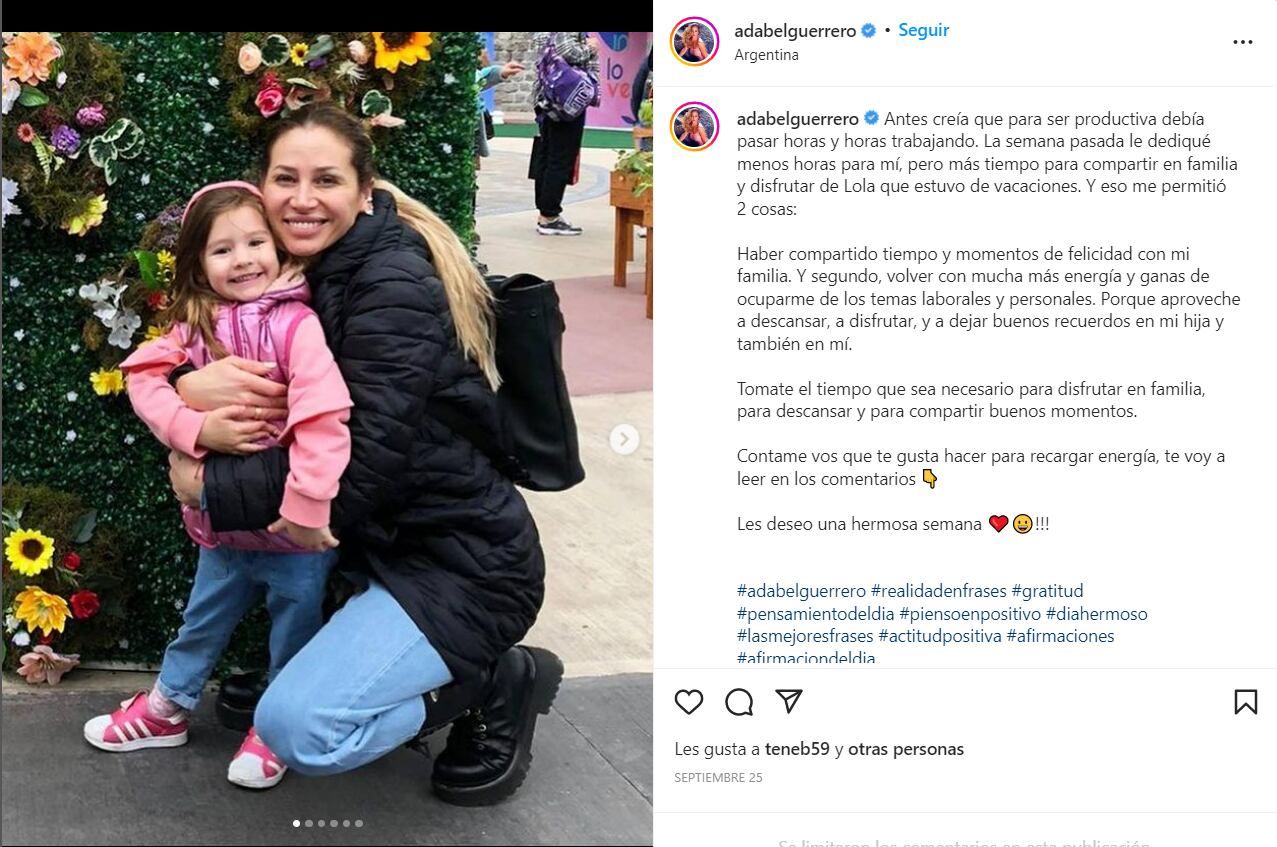 Adabel reflexionó sobre el tiempo que le dedica a su familia y al trabajo