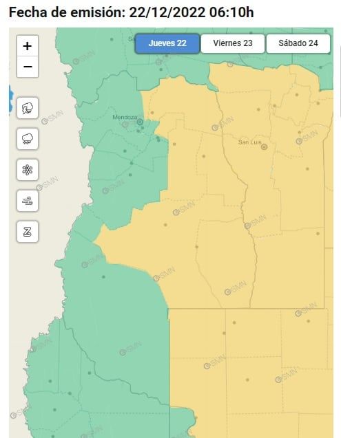 Alerta amarilla por tormentas en Mendoza (22/12/22) - SMN