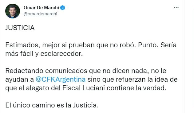 El diputado nacional Omar De Marchi criticó el comunicado de los diputados y diputadas peronistas.