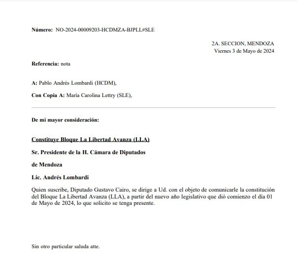 La nota que presentó Gustavo Cairo formalizando el bloque La Libertad Avanza.