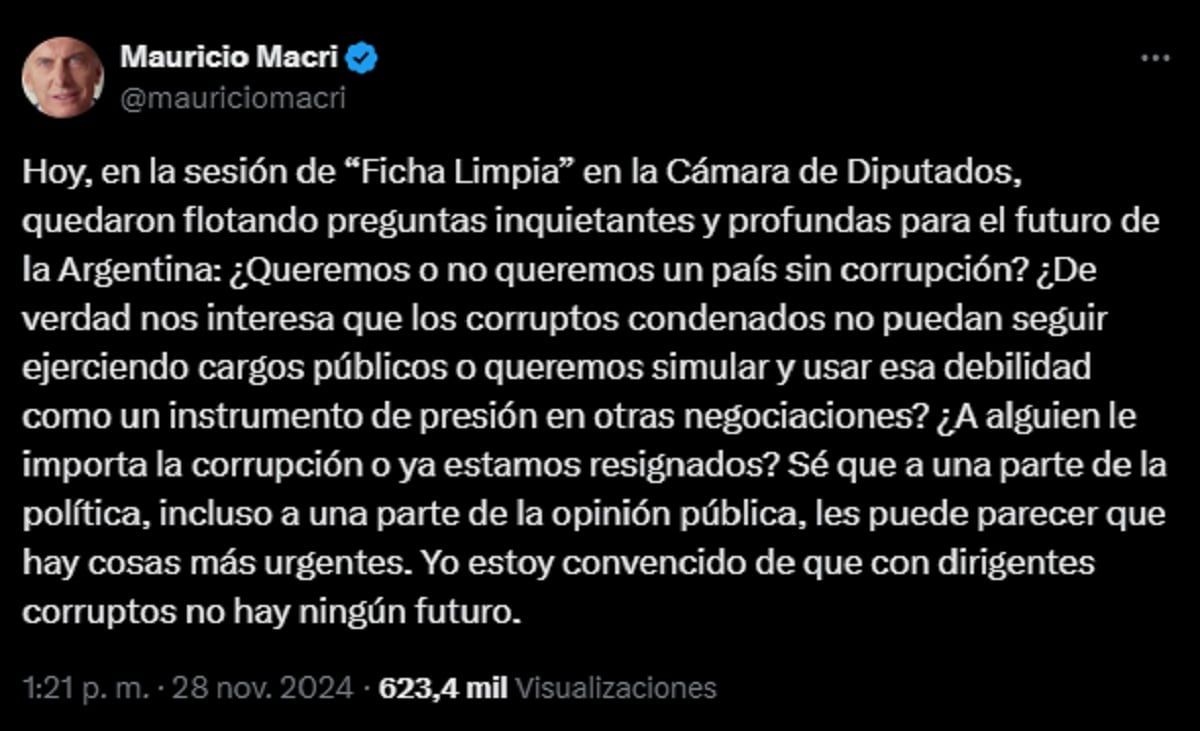 Mauricio Macri que expresó por la caida de la sesión de Ficha Limpia en la Cámara Baja de la Nación. (Foto: Captura Twitter)