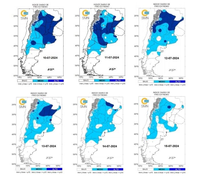 Evolución diaria del frío extremo en el país durante la ola de frío de julio 2024. El color azul indica que se cumplen las condiciones de ola de frío en un día en particular (Tmax y Tmin inferiores a los umbrales de ola de frío); el celeste indica que se cumple el criterio de frío extremo para algunas de las temperaturas (Tmax o Tmin inferior al umbral de ola de frío); en blanco no se cumple ninguno de los criterios anteriores.