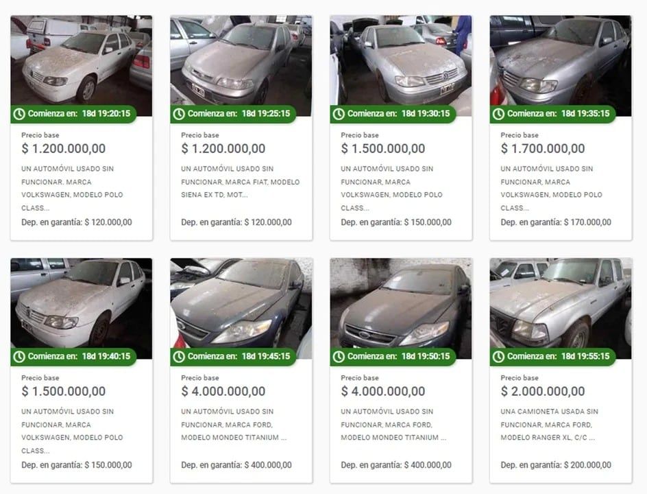 Los precios y modelos de algunos de los autos que serán rematados.