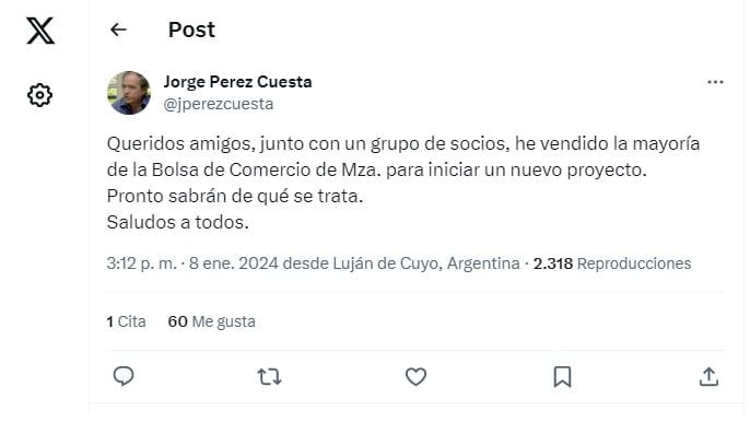El posteo de Jorge Pérez Cuesta