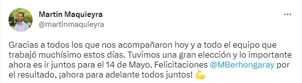 Martin Maquieyra (PRO) felicitó al candidato radical Martín Berhongaray - Twitter