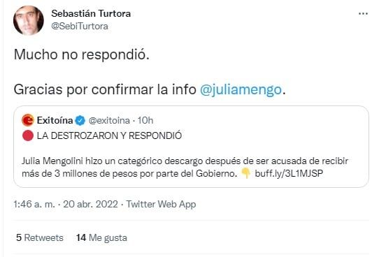 El tuit en respuesta de Turtora ante el descargo de Mengolini: "Gracias por confirmar la info"