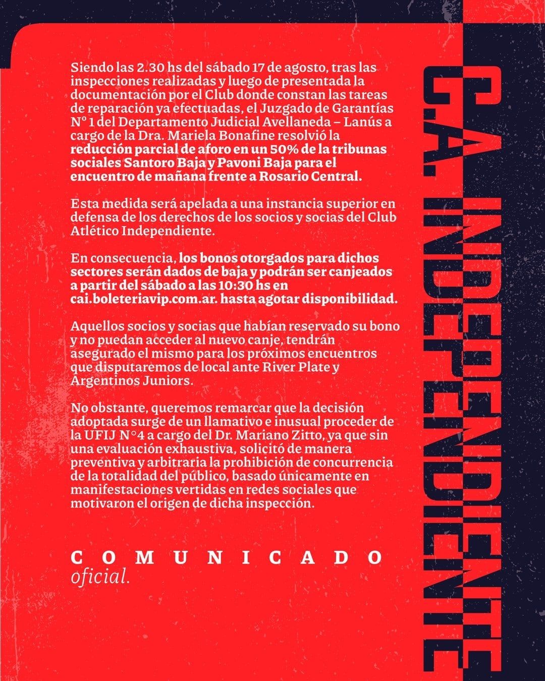 Comunicado oficial Independiente.