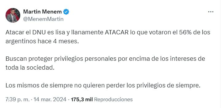 La reacción de Menem al rechazo del DNU - X