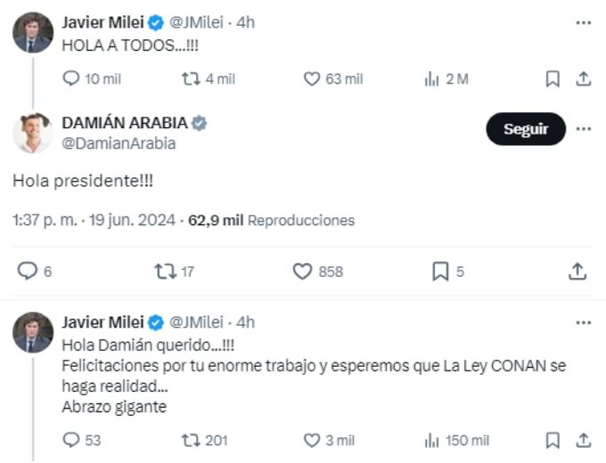 La respuesta de Javier Milei al diputado del PRO Damián Arabia. Foto: Captura X.