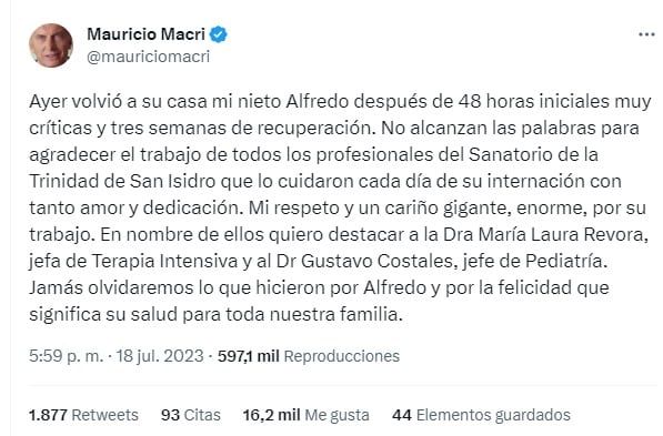 El nieto de Mauricio Macri estuvo internado en terapia intensiva (Twitter @mauriciomacri)