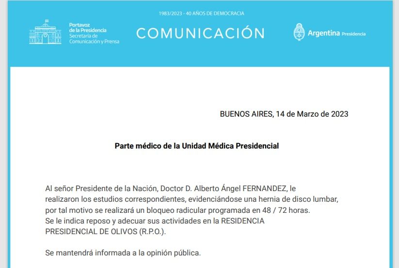 La confirmación de la hernia de disco lumbar que padece Alberto Fernández.