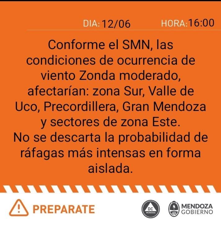 Alertas por viento Zonda en Mendoza. Foto: Defensa Civil Mendoza.