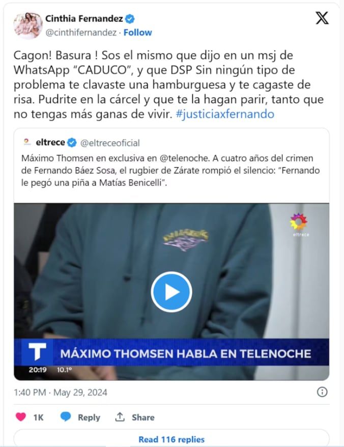 Cinthia Fernández estalló tras ver a Máximo Thomsen