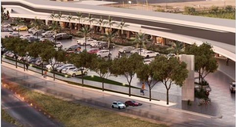 Detalle del proyecto del centro comercial que se está construyendo en el lateral Oeste del Acceso Sur, en Luján de Cuyo.