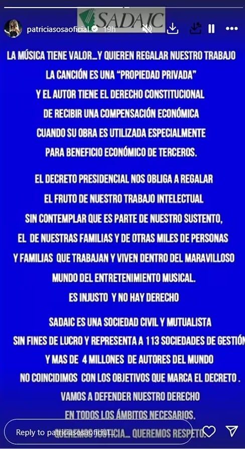 La opinión de Patricia Sosa tras la medida sobre la desregulación en los derechos de autor.