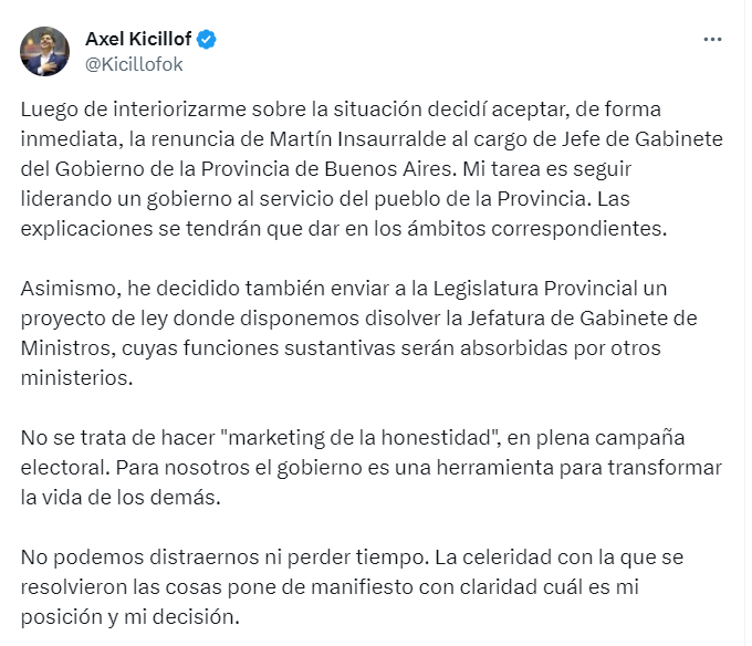 Kicillof anunció que enviará proyecto para disolver la Jefatura de Gabinete - X