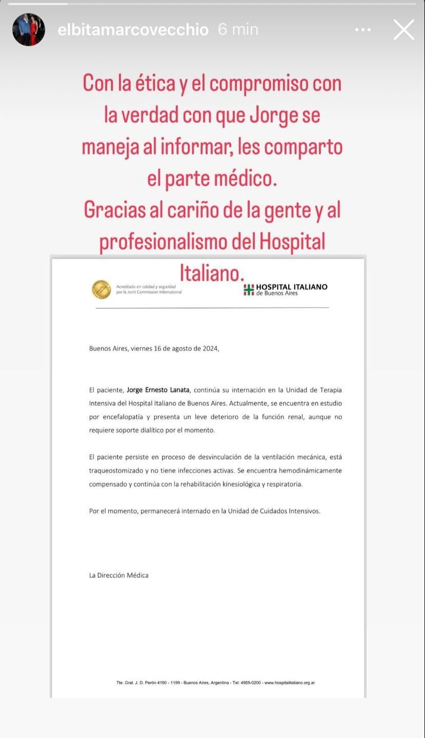 Parte médico 16 de agosto de Jorge Lanata. Captura Instagram.