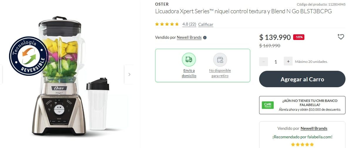 El modelo de licuadora Xpert Series de Oster se consigue en la tienda de Falabella a $139.990 chilenos.