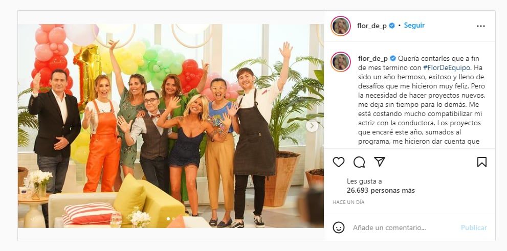 Florencia Peña compartió un sentido mensaje expresando su nostalgia por el fin de Flor de Equipo.