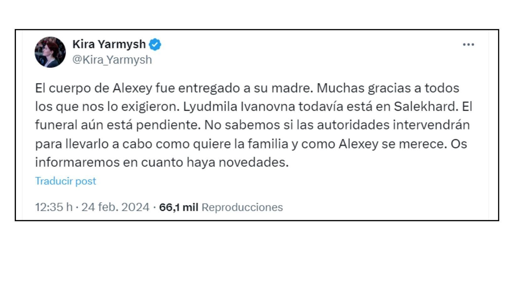 Kira Yarmysh publicó en su cuenta de X (captura)