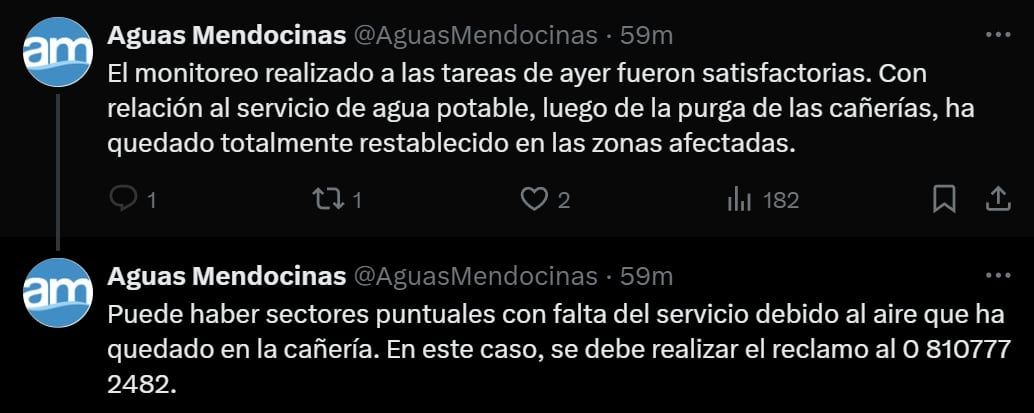 El comunicado. Captura: X / @AguasMendocinas