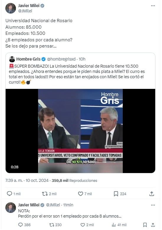 El error matemático de Milei que derivó en burlas (X)